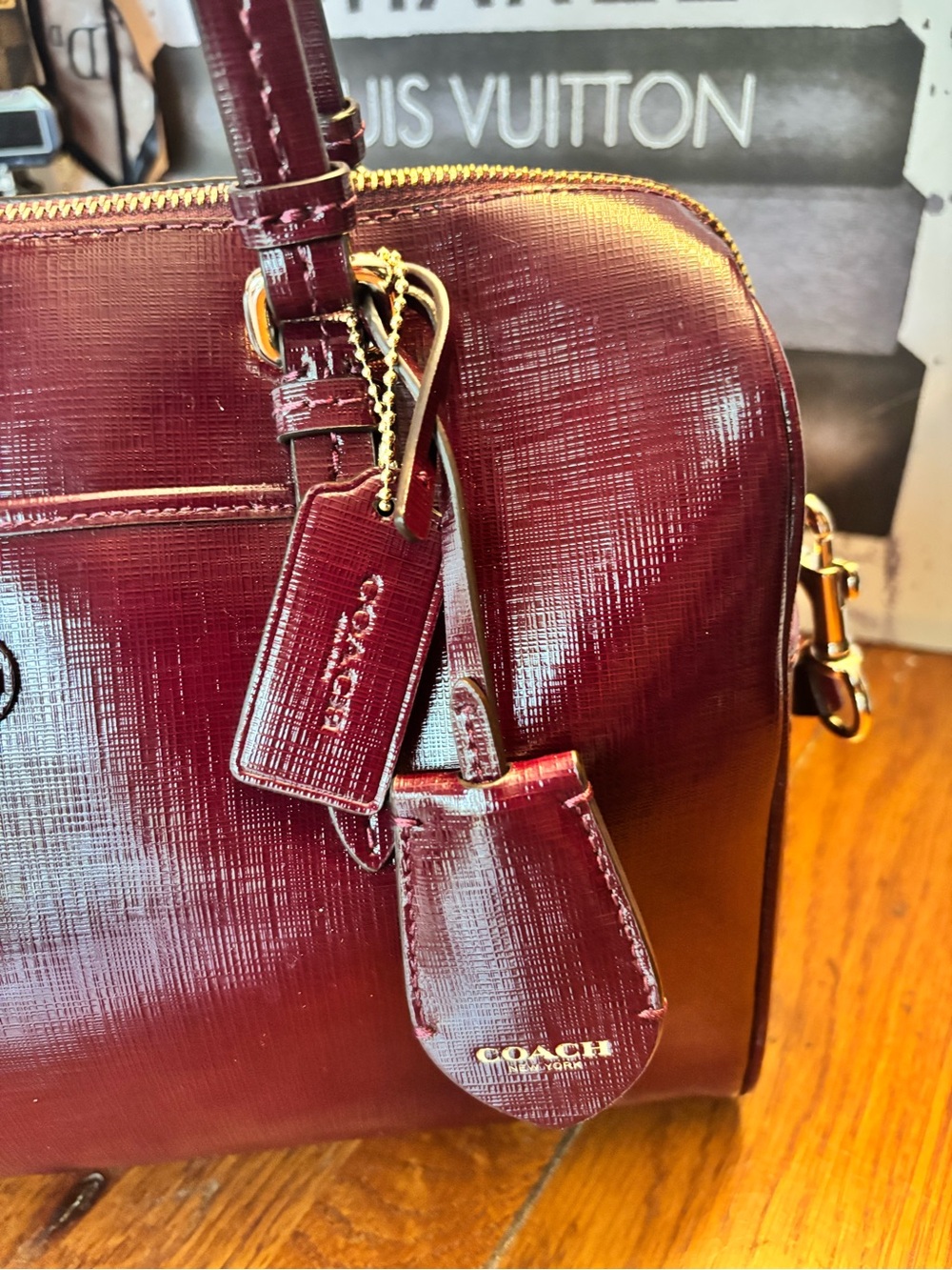 Coach Peyton Nancy Satchel F31403 Burgundy Oxblood Patent Crossgrain Leather EUC - Picture 4 of 12